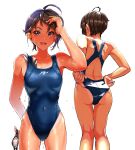  1girl adjusting_clothes adjusting_swimsuit ahoge ass back_cutout bangs black_hair blue_eyes blue_one-piece_swimsuit clothing_cutout commentary_request competition_swimsuit covered_navel cowboy_shot goggles goggles_removed hand_in_own_hair highleg highleg_swimsuit highres holding holding_goggles kilesha logo looking_at_viewer mole mole_under_eye multiple_views one-piece_swimsuit original short_hair simple_background smile standing swept_bangs swim_cap swim_cap_removed swimsuit tan tanlines water_drop wet wet_hair white_background 