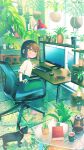  1girl :o alarm_clock animal bangs barefoot blush brown_eyes brown_hair cactus cellphone clock collared_shirt commentary_request desk fish green_skirt hair_between_eyes hair_ornament hairclip hanging_plant highres ikari_(aor3507) indoors keyboard_(computer) long_skirt long_sleeves looking_at_viewer monitor mouse_(computer) original parted_lips phone plant potted_plant shirt skirt solo transparent twitter_username white_shirt 