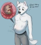  after_vore anthro belly big_belly bodily_fluids bottomwear canid canine canis clothing dialogue digestion digestion_noises duo footprint fur guts hi_res hybrid internal intestines male male/male mammal navel organs pants pawprint rumbling_stomach stomach stomach_acid struggling struggling_prey swelling tan_body tan_fur vore white_body white_fur wolfdog wolfyvero wonivero 