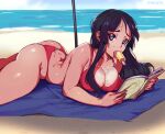  1girl akiyama_mio alternate_breast_size ass beach beach_umbrella bikini black_hair book breasts cleavage covered_nipples day dimples_of_venus fingernails food food_in_mouth highres horizon k-on! keigi large_breasts long_hair looking_at_viewer lying messy_hair ocean older on_stomach open_book popsicle purple_eyes reading red_bikini sand sexually_suggestive sidelocks solo swimsuit tan thick_thighs thighs thong_bikini tongue umbrella 