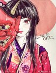  1girl absurdres black_hair chichi_chichi closed_mouth eyeshadow floral_dress highres japanese_clothes kimono long_hair makeup mask oni_mask original painting_(medium) partially_colored portrait red_circle solo traditional_media upper_body writing 