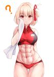  1girl ? abs absurdres blonde_hair buruma hair_ribbon highres looking_at_viewer lycoris_recoil muscular muscular_female nishikigi_chisato red_eyes ribbon shiraiwa_usagi short_hair solo sports_bikini sweat towel track_and_field white_background wiping_sweat 