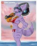  &lt;3 anthro bikini blue_eyes breasts clothing ear_piercing eyelashes eyewear eyewear_on_head female goggles goggles_on_head hammer hand_on_hip hi_res holding_object holding_weapon lombax looking_at_viewer mammal markings meltgar navel piercing ratchet_and_clank rivet_(ratchet_and_clank) robotic_arm robotic_limb smile solo sony_corporation sony_interactive_entertainment stripes swimwear tail_markings tools video_games weapon 