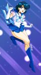  1990s_(style) 1girl 2022 :d absurdres back_bow bishoujo_senshi_sailor_moon blue_background blue_bow blue_choker blue_eyes blue_footwear blue_hair blue_sailor_collar blue_skirt blue_theme boots bow brooch choker circlet danmakuman earrings elbow_gloves gloves heart_brooch highres itou_ikuko_(style) jewelry knee_boots looking_at_viewer magical_girl mizuno_ami official_style open_mouth pleated_skirt retro_artstyle sailor_collar sailor_mercury sailor_senshi_uniform shiny shiny_skin short_hair signature skirt smile solo star_(symbol) star_choker super_sailor_mercury white_gloves 