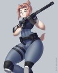  2022 4:5 anthro artist_name bottomwear bulge clothing digital_media_(artwork) female gun hi_res lidded_eyes mr-shin ranged_weapon simple_background smile solo topwear weapon year 