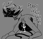  abigrock ahegao anal anal_penetration anon anthro anthro_penetrated backsack balls big_ears black_body black_fur bodily_fluids butt cum cum_in_ass cum_inside demon floppy_ears fur genital_fluids genitals grey_background hi_res hooves human human_on_anthro human_penetrating imp interspecies leaking_cum looking_pleasured male male_penetrated male_penetrating mammal mascot_(abigrock) monochrome onomatopoeia orgasm penetration plap sex signature simple_background sound_effects spiral_eyes text tongue tongue_out 