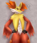  absurd_res anthro cute_fangs delphox eyebrows fur generation_6_pokemon hi_res inner_ear_fluff looking_at_viewer male muscular nintendo orange_eyes pokemon pokemon_(species) raised_eyebrow red_body red_fur rusoide simple_background smile smiling_at_viewer solo tuft video_games white_body white_fur yellow_body yellow_fur 