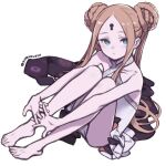  1girl abigail_williams_(fate) abigail_williams_(swimsuit_foreigner)_(fate) bangs bare_shoulders barefoot black_bow black_jacket blonde_hair blue_eyes blush bow braid braided_bun breasts double_bun dress_swimsuit fate/grand_order fate_(series) forehead hair_bun jacket jacket_removed keyhole kuroboshi_kouhaku legs long_hair looking_at_viewer multiple_bows orange_bow parted_bangs sidelocks sitting small_breasts solo swimsuit twintails very_long_hair white_one-piece_swimsuit 