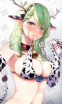  1girl absurdres animal_ears animal_print bell bikini bottle breasts brown_collar ceres_fauna collar cow_ears cow_print fake_animal_ears green_hair hairband highres holding holding_bottle hololive hololive_english kaiju_ryoku milk_bottle mouth_hold neck_bell solo swimsuit upper_body virtual_youtuber yellow_eyes 