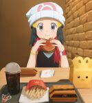  1girl :i beanie black_hair black_shirt bracelet burger closed_mouth commentary commission cup dawn_(pokemon) disposable_cup eating eyelashes fast_food food french_fries grey_eyes hair_ornament hairclip hands_up hat highres holding holding_food jewelry keihh long_hair looking_at_viewer mcdonald&#039;s poke_ball_print pokemon pokemon_(anime) pokemon_dppt_(anime) poketch scarf shirt sleeveless sleeveless_shirt solo watch white_headwear wristwatch 
