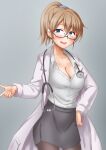  1girl anti_(untea9) black_pantyhose black_skirt blue_eyes blush breasts brown_hair cleavage coat collarbone cowboy_shot doctor glasses hair_between_eyes highres intrepid_(kancolle) kantai_collection labcoat large_breasts open_mouth pantyhose pencil_skirt ponytail short_hair skirt smile solo stethoscope white_coat 