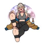  1girl akairiot alternate_hairstyle bangs black_pants blush border breasts brown_jacket cleavage collarbone commentary corrin_(fire_emblem) corrin_(fire_emblem)_(female) crop_top feet fire_emblem fire_emblem_fates foot_focus full_body grey_hair hair_between_eyes hairband high_ponytail jacket legs long_hair long_sleeves looking_at_viewer looking_to_the_side midriff nail_polish no_shoes open_clothes open_jacket open_mouth outside_border pants pointy_ears ponytail red_eyes red_nails smile solo tight tight_pants toenail_polish toenails unbuttoned white_border wide_sleeves yoga_pants 