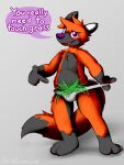  2022 black_body black_fur canid canine clothing english_text fox fur gesture grass hi_res looking_at_viewer mammal ohfourmouse orange_body orange_fur plant pointing pointing_at_crotch simple_background text underwear 