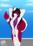 2022 abs anthro athletic athletic_anthro athletic_female big_breasts bikini black_hair black_nose breasts canid canine canis chest_tuft cleavage clothed clothing day digital_media_(artwork) domestic_dog female flat_colors fur ghostwolf grin hair hands_behind_head husky long_hair looking_aside mammal multicolored_body multicolored_fur natalya_ruskiri navel nordic_sled_dog outside pink_body pink_fur pose purple_eyes siberian_husky signature sling_bikini smile solo spitz standing swimwear teeth tuft two_tone_body two_tone_fur white_body white_fur 