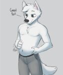  after_vore anthro belly bottomwear canid canine canis clothing dialogue digestion fatal_vore fur hand_on_stomach hi_res hybrid male mammal navel pants solo vore white_body white_fur wolfdog wolfyvero wonivero 