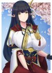  absurdres bangs black_hair blunt_bangs breasts food hair_ornament highres hime_cut hinoa japanese_clothes large_breasts latte long_hair monster_hunter_(series) monster_hunter_rise pointy_ears solo very_long_hair wagashi yellow_eyes 