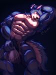  2022 abs absurd_res anthro armpit_hair barazoku beastars bedroom_eyes biceps big_muscles black_background body_hair canid canine canis claws covering covering_crotch covering_self dark eyebrows fur hand_behind_head happy_trail hi_res huge_muscles legoshi_(beastars) looking_at_viewer lying male mammal muscular muscular_anthro muscular_male narrowed_eyes navel nipples obliques on_back open_mouth pecs pubes scar seductive shadow simple_background sir_arion solo teeth text thick_thighs towel tuft url wolf 