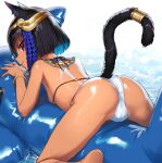  1girl animal_ears armpits ass back bikini black_hair blue_hair bracelet braid cameltoe cat_ears cat_girl cat_tail closed_mouth dark-skinned_female dark_skin day earrings egyptian egyptian_clothes flat_chest headgear highres hoop_earrings inflatable_dolphin inflatable_toy jewelry kawakami_rokkaku looking_at_viewer lying multicolored_hair ocean on_stomach original outdoors red_eyes revision short_hair shoulder_blades smile solo straddling swimsuit tail two-tone_hair usekh_collar water wet white_bikini 
