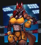  2022 abs amira_winters anthro athletic athletic_anthro athletic_female biceps big_breasts black_nose blue_eyes bodily_fluids bottomwear boxing_gloves bra breasts brown_body brown_fur canid canine chest_tuft clothed clothing digital_media_(artwork) female fighting_ring fur hair handwear hi_res inner_ear_fluff inugatami long_hair looking_at_viewer mammal maned_wolf muscular muscular_anthro muscular_female navel red_hair shorts signature smile solo sports_bra standing sweat tuft underwear yellow_bottomwear yellow_boxing_gloves yellow_bra yellow_clothing yellow_handwear yellow_shorts yellow_underwear 