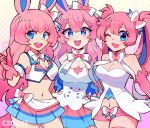  3girls :d ;d animal_ears bangs bare_shoulders blue_eyes bow breasts ciosuii cleavage cowboy_shot dress gloves hair_bow highres large_breasts long_hair looking_at_viewer medium_breasts midriff miniskirt multiple_girls navel one_eye_closed personification pink_gloves pink_hair pink_shorts pokemon short_shorts shorts skirt smile strapless sylveon twintails 