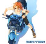  &gt;:) 1girl :q arm_tattoo bare_arms bare_shoulders brown_eyes camisole from_above ground_vehicle highres log_pose looking_at_viewer looking_up motor_vehicle motorcycle nami_(one_piece) on_motorcycle one_piece orange_hair sandals shorts siimka1 smile solo tattoo toes tongue tongue_out v-shaped_eyebrows 