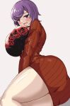  1girl bra breasts courtney_(pokemon) highres hizakake large_breasts looking_at_viewer open_mouth plump pokemon purple_eyes purple_hair simple_background smile solo sweater underwear 