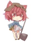  1other androgynous animal_ears cat_ears chibi hakama hakama_skirt helmet japanese_clothes jian_xing_zao katano_sukune katano_sukune&#039;s_bottle_opener len&#039;en red_eyes red_hair short_hair skirt slippers smile solo 