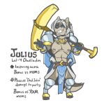  2017 anthro armor beard belt bottomwear canid canine canis clothing facial_hair fur gauntlets gloves greaves grey_body grey_fur hammer handwear jinti_(artist) julius_(disambiguation) loincloth male mammal muscular nipples pauldron shoulder_guards sideburns smile solo teeth text tools warhammer weapon_on_shoulder wolf 