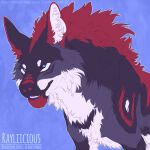  ambiguous_gender black_body black_ears black_fur black_sclera blue_eyes canid cheek_tuft facial_tuft feral fur grey_body grey_fur hi_res inner_ear_fluff mammal mane neck_tuft purple_tongue rayliicious red_body red_ears red_fur red_mane simple_background solo tongue tuft white_body white_fur white_inner_ear_fluff 