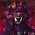  anthro artist_name big_fangs bodily_fluids brown_horn bust_portrait drooling facial_piercing front_view fur grey_body grey_fur grey_nose horn male mane mouth_shot multicolored_mane neck_tuft nose_piercing nose_ring nostril_ring open_mouth piercing portrait purple_body purple_fur purple_mane purple_tongue rayliicious red_mane ring_piercing ryugashiro_shadowfall saliva saliva_on_chin saliva_on_tongue saliva_string septum_piercing septum_ring simple_background solo tongue tuft two_tone_mane whiskers 