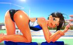  1girl all_fours ass back_cutout bangs black_hair black_one-piece_swimsuit blue_sky blurry blurry_background brown_eyes clear_sky clothing_cutout commentary_request crotch_seam day depth_of_field highres kilesha looking_at_viewer mole mole_under_eye one-piece_swimsuit open_mouth original outdoors penetration_gesture short_hair skindentation sky smile solo swept_bangs swimsuit tan wet 