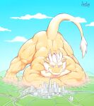  4_toes anthro back_muscles biceps city city_destruction darkai darkai_(character) dragon feet giga_macro hi_res horn jack-o&#039;_pose landscape_dwarfing macro male muscular muscular_anthro muscular_male muscular_thighs paws pose solo toes 