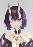  1girl bob_cut breasts fang fang_out fate/grand_order fate_(series) headpiece heart heart_hands highres horns jewelry makeup one_eye_closed oni oni_horns purple_eyes purple_hair revealing_clothes short_hair shuten_douji_(fate) simple_background skin-covered_horns small_breasts solo yeyuanqianqianqian 