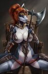  absurd_res anthro armor axe blue_body blue_eyes breasts chair female fish furniture hair hi_res huntress_(nutty_butty) marine melee_weapon multicolored_body red_hair redrime shark skimpy_armor solo two_tone_body weapon white_body 