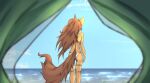  absurd_res anthro apogee_(tinygaypirate) arm_tuft beach bikini brown_body brown_fur brown_hair butt canid canine canis clothing cloud cowlick day domestic_dog female fur grass hair hi_res long_hair mammal markings outside plant raised_arm seaside slim solo spitz standing swimwear tinygaypirate tuft water 