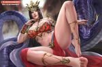  1girl barefoot black_hair blurry blurry_background breasts cai_lin_(doupo_cangqiong) chinese_clothes doupo_cangqiong earrings full_body goatwillow gumroad_username hair_ornament jewelry large_breasts long_hair navel pointy_ears red_skirt red_tube_top skirt snake solo strapless teeth tube_top 