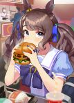  1boy 2girls animal_ears bag blush breasts brown_hair burger collared_shirt cup disposable_cup drinking_straw drooling eating faceless faceless_male food food_on_face gold_ship_(umamusume) grey_hair highres holding holding_food horse_ears indoors jewelry long_hair looking_at_viewer medium_breasts multicolored_nails multiple_girls nora_(agentpuppyone) open_mouth puffy_short_sleeves puffy_sleeves purple_shirt ring sailor_collar school_bag school_uniform sesame_seeds shirt short_sleeves sitting sleep_bubble standing table tongs tosen_jordan_(umamusume) tracen_school_uniform tray twintails umamusume 