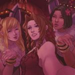  3girls aerith_gainsborough artist_name bangs bare_arms bee_costume blonde_hair blowing_kiss breasts brown_hair closed_eyes crimson_sun dress facing_viewer fake_antennae final_fantasy final_fantasy_vii final_fantasy_vii_remake fishnet_pantyhose fishnets flower fur_collar hair_between_eyes hair_flower hair_ornament indoors insect_wings long_hair medium_breasts multiple_girls official_alternate_costume pantyhose parted_bangs parted_lips ponytail puckered_lips reaching_out red_dress selfie short_hair sidelocks smile strapless strapless_dress teeth upper_body wings wrist_cuffs 