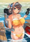  1girl :q bangs bikini blue_eyes blush bracelet breasts brown_hair chougei_(kancolle) cleavage commentary_request enemy_lifebuoy_(kancolle) food fried_squid hair_ornament hair_rings hat highres holding holding_food huge_breasts jewelry kantai_collection looking_at_viewer official_alternate_costume orange_bikini osananajimi_neko outdoors rigging solo standing sunglasses swimsuit takoyaki tan tanlines tongue tongue_out visor_cap wading water 