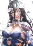 1girl :d ahoge albedo_(overlord) black_hair blue_choker breasts bridal_gauntlets capelet choker cleavage cosmicsnic demon_girl eyelashes gem ginnungagap_(overlord) green_gemstone highres holding horns large_breasts long_hair long_sleeves open_mouth overlord_(maruyama) red_gemstone shiny shiny_hair slit_pupils smile solo upper_body very_long_hair white_background white_capelet yellow_eyes 