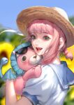  1girl absurdres anya_(spy_x_family) blurry braid depth_of_field director_chimera_(spy_x_family) flower from_side green_eyes hat highres older open_mouth pink_hair ryeowon_kwon sailor_collar single_braid smile solo spy_x_family sun_hat sunflower sunglasses 