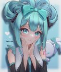  1girl absurdres arm_tattoo artist_name bangs black_sleeves blue_bow blue_eyes blue_hair blue_nails borrowed_hairstyle bow cinnamiku cinnamoroll closed_mouth detached_sleeves ear_bow folded_twintails grey_shirt hair_between_eyes hair_bow hatsune_miku heart highres kenn_artz long_hair long_sleeves nail_polish number_tattoo sanrio shirt sleeveless sleeveless_shirt smile solo tattoo tied_ears updo upper_body vocaloid 