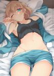  1girl absurdres arm_up bangs bed_sheet black_tank_top blue_shirt blue_shorts breasts closed_mouth clothes_pull commentary crop_top frown green_panties groin half-closed_eye highres kuzukiri_(riezenagel) long_sleeves looking_at_viewer lying navel on_back on_bed one_eye_closed open_clothes open_shirt original pajamas panties panty_pull pillow ria_(kuzukiri) shirt short_hair short_shorts shorts shorts_pull sleepwear sleepy small_breasts solo tank_top tearing_up underwear 