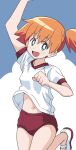  1girl arm_up blue_eyes bright_pupils buruma clenched_hand clothes_lift commentary gym_shirt gym_uniform hair_tie highres looking_at_viewer midriff_peek misty_(pokemon) navel one_side_up open_mouth orange_hair pokemon pokemon_(anime) ponzu_rui red_buruma shirt shirt_lift shoes short_hair short_sleeves side_ponytail smile solo standing t-shirt uwabaki white_footwear white_pupils white_shirt 