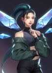  1girl absurdres black_eyes black_pants crop_top crystal_earrings crystal_wings earrings green_hair highres jewelry k/da_(league_of_legends) k/da_kai&#039;sa kai&#039;sa league_of_legends midriff off_shoulder pants parted_lips ponytail ryeowon_kwon solo upper_body 