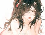  1girl ass bare_shoulders black_hair blush breasts hair_tie highres huang_huo_liaoyuan looking_at_viewer nude one_eye_covered open_mouth original shiny shiny_hair solo teeth twintails white_background 