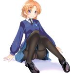  1girl :3 bangs black_footwear black_necktie black_pantyhose blaze_(artist) blue_eyes blue_skirt blue_sweater braid brown_hair closed_mouth collared_shirt girls_und_panzer hair_between_eyes highres loafers long_sleeves medium_hair miniskirt necktie orange_pekoe_(girls_und_panzer) panties panties_under_pantyhose pantyhose pleated_skirt school_uniform shiny shiny_hair shirt shoes simple_background sitting skirt smile solo st._gloriana&#039;s_school_uniform sweater thighband_pantyhose underwear white_background white_shirt wing_collar 