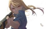  1girl absurdres bangs blonde_hair blue_jacket floating_hair fullmetal_alchemist gun hair_between_eyes highres holding holding_gun holding_weapon jacket long_hair looking_at_viewer orange_eyes parted_lips rifle riza_hawkeye short_sleeves solo straight_hair takahasu_kaoru upper_body weapon white_background 