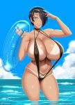  1girl black_hair blue_eyes breasts cleavage commentary english_commentary gigantic_breasts hair_over_one_eye hand_in_own_hair heart highres holding holding_innertube huge_breasts innertube lips navel original pinup_(style) saya_(twrlare) short_hair signature slingshot_swimsuit smile solo swimsuit tan tanlines thick_thighs thighs twitter_username twrlare water wet 
