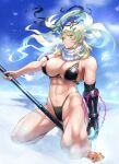  1girl bangs bare_shoulders blonde_hair breasts cleavage fairy_knight_gawain_(fate) fairy_knight_gawain_(ice_warrior)_(fate) fate/grand_order fate_(series) green_eyes heterochromia highres horns large_breasts long_hair looking_at_viewer otsukemono red_eyes thighs 